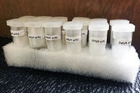 These shell vials with plastic caps have been packed with polyester batting and are nested in a carved ethafoam plant to prevent rolling.